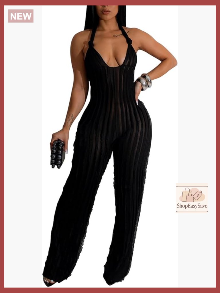 Sexy Halter Neck Backless Jumpsuit Wide Leg Pleated Chiffon Romper Summer